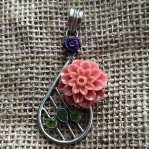 Floral Silver Pendant with Coral and Purple Accents